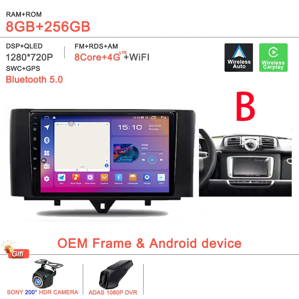Android 14 Car For Mercedes Benz Smart Fortwo 451 2005 - 2015 Stereo Head Unit GPS Navigation Multimedia Autoradio Dash Cam DVD