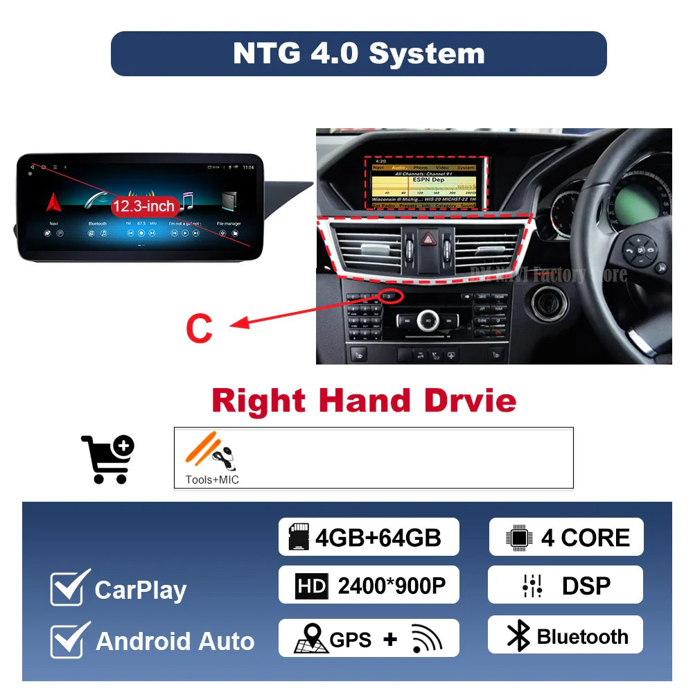 Wireless Carplay Android 14 for Mercedes Benz E Class W212 2009 - 2015 Car Radio Player Video DSP Stereo Touch Screen 4G WiFi BT