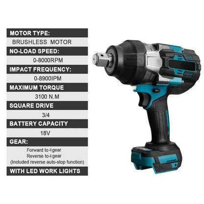 3100N.M High Torque Brushless Electric Impact Wrench 3/4 Inch Cordless Electric Wrench Power Tools for Makita 18V Battery power tools