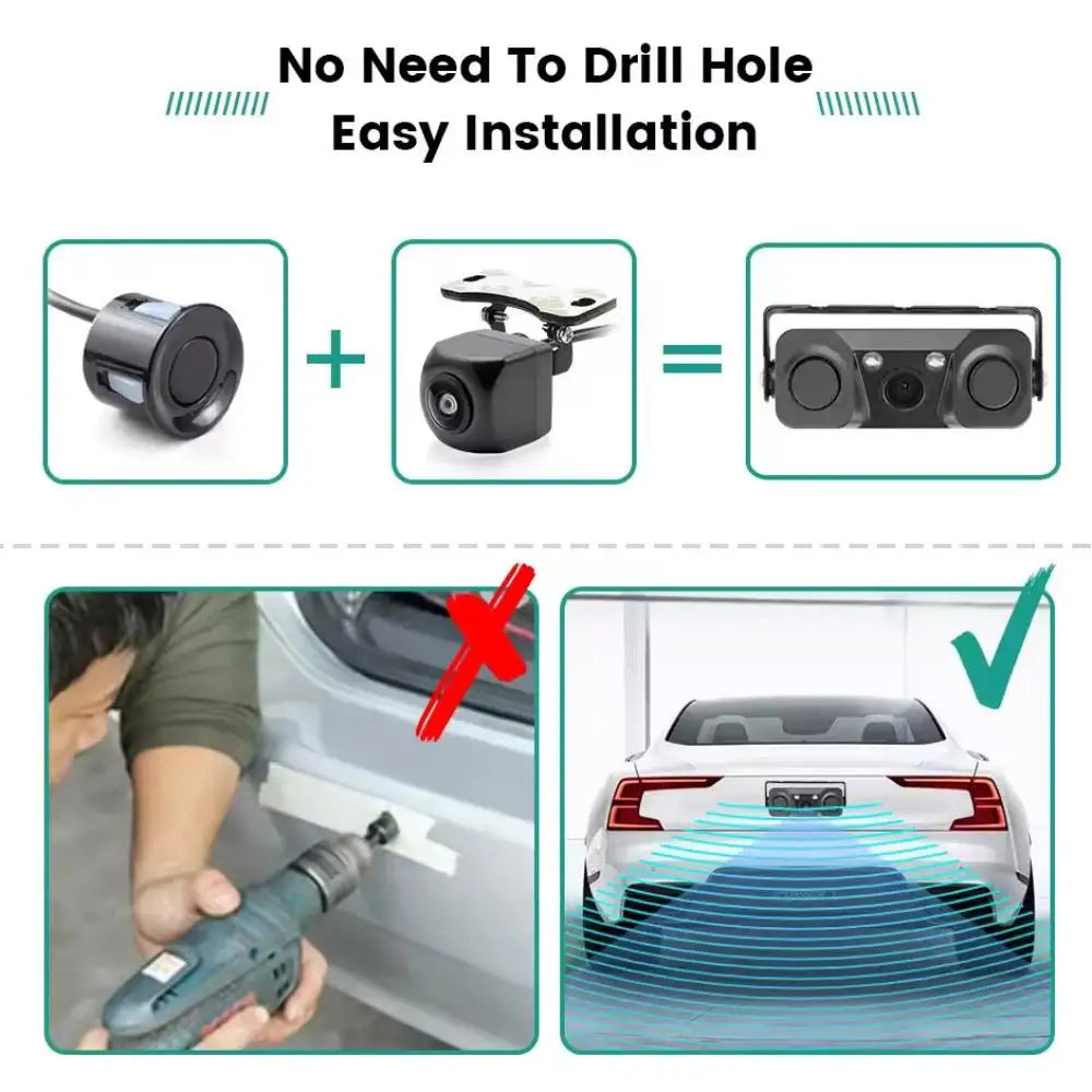 iPoster AHD 1080P PAL Car Rear View Reversing Backup Camera with Parking Radar Sensor Beeper 3-In-1 12V Night View For Car SUV