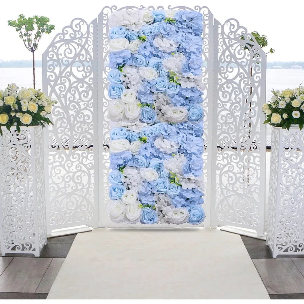 Artificial Flower Wall Panel 4 Pcs White Silk Rose Blue Hydrangea Flower Wall Mat Fake Flower Wall Backdrop for Party