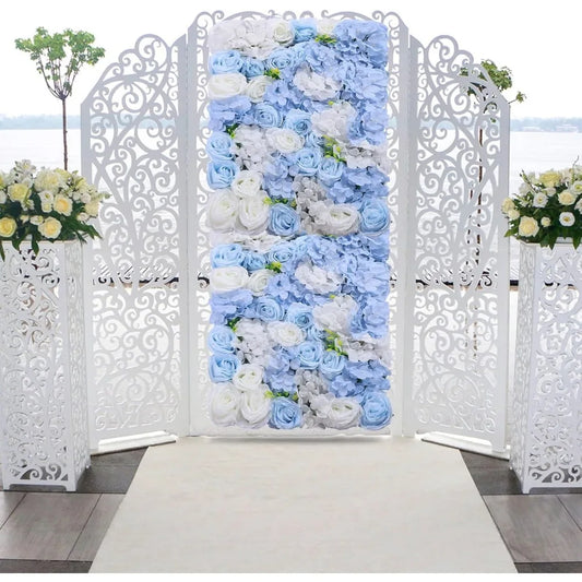 Artificial Flower Wall Panel 4 Pcs White Silk Rose Blue Hydrangea Flower Wall Mat Fake Flower Wall Backdrop for Party