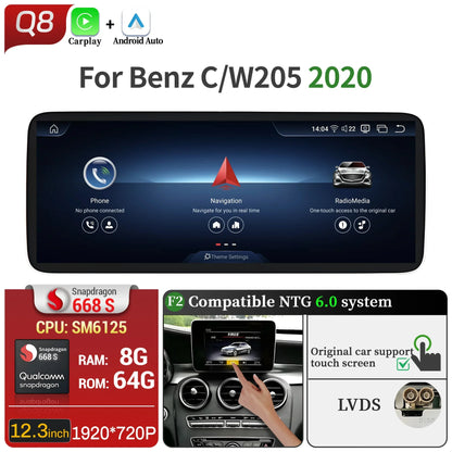 For Mercedes Benz C-Class W205 S205 2018-2020 12.3inch Car Radio Android 14 Wireless Carplay Snapdragon 680 SM6225 Touch Screen