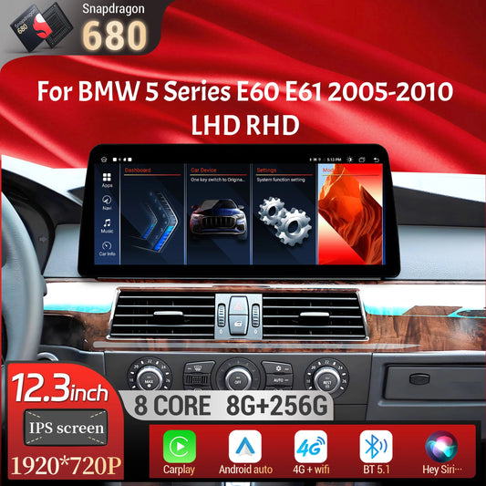 12.3 inch Android 14 For BMW 5 Series E60 E61 2005-2010 Car Radio 4G Wireless BT Carplay Snapdragon 680 Touch Head Unit Screen