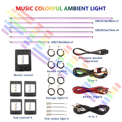 Car Symphony Ambient LED Lamp Strips Remote App Control Auto Interior Accessories 64 RGB Rainbow Atmosphere Acrylic Lights 22in1