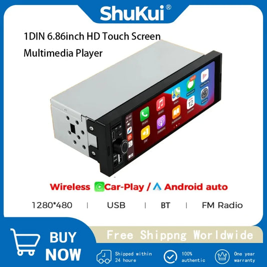6.86" Wireless CarPlay&Android Auto Universal 1 Din Car Radio,Multimedia Video MP5 Player,FM Stereo Receiver with Camera and BT