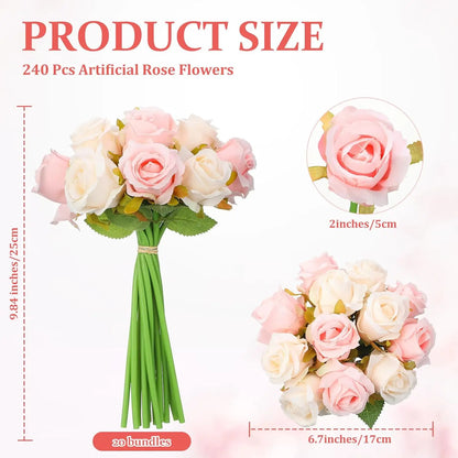 240 Pcs Artificial Rose Flowers Bouquet Silk Realistic Flowers Bulk Centerpieces DIY Bride Fake Rose for Home Bridal Wedding Par