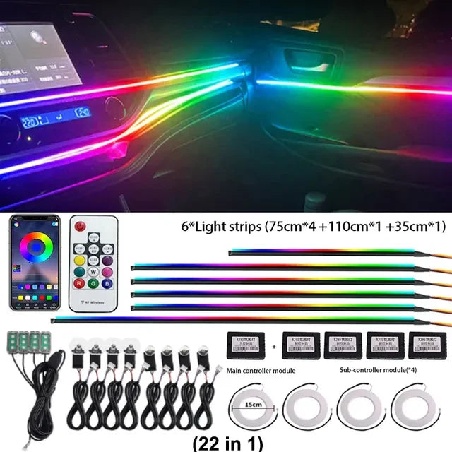 22 in 1 Universal Ambient Light Car Interior Acrylic Strip Kit 213 64 Color RGB Symphony Rainbow Dashboard Atmosphere Light APP