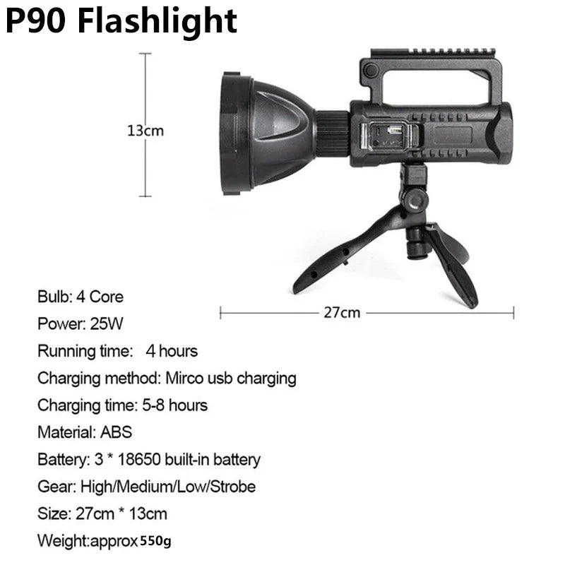 NEW P90 Portable Powerful LED Flashlight Handheld Searchlight USB Rechargeable Spotlight Waterproof Torch Work Light Outdoor power tools