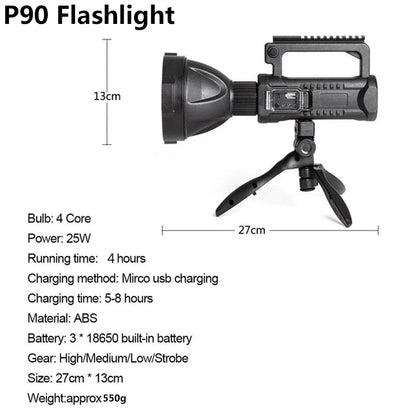NEW P90 Portable Powerful LED Flashlight Handheld Searchlight USB Rechargeable Spotlight Waterproof Torch Work Light Outdoor power tools