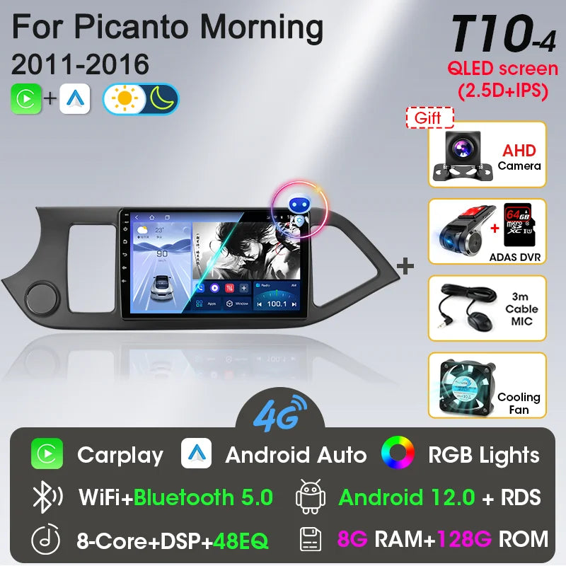 2 Din Android 12 Car Radio Carplay for KIA PICANTO Morning 2 2011 2012 2013 2014 2015 2016 Multimedia Player Navigation DVD Head