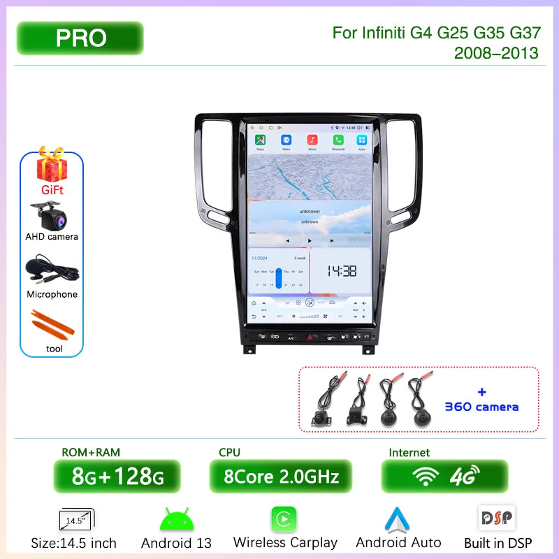 14.5 " Android13 Car Radio Multimedia Video Player For Infiniti G4 G25 G35 G37 2008-2013 GPS navigation Carplay Auto 4G wifi 360