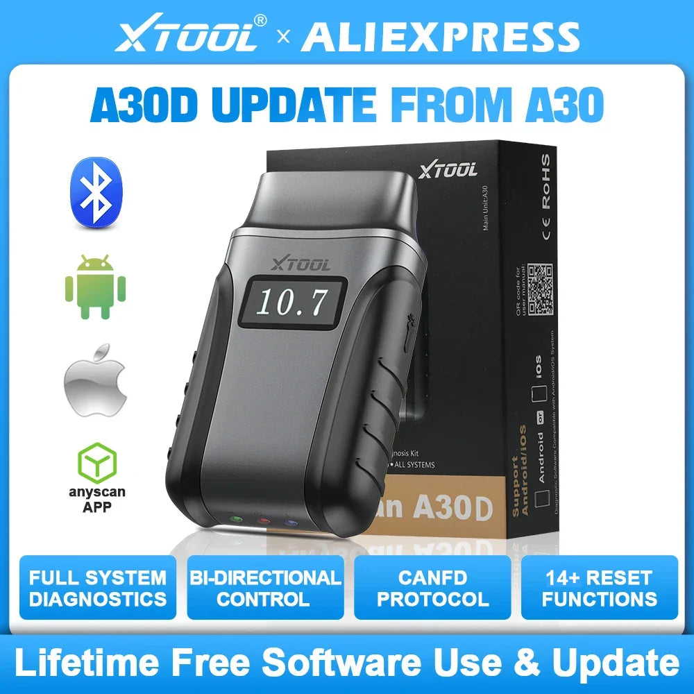 XTOOL Anyscan A30D BT OBD2 Scanner Full System 16+ Service Bidirectional Scan Tools Lifetime Free Update CAN FD FCA Andriod IOS