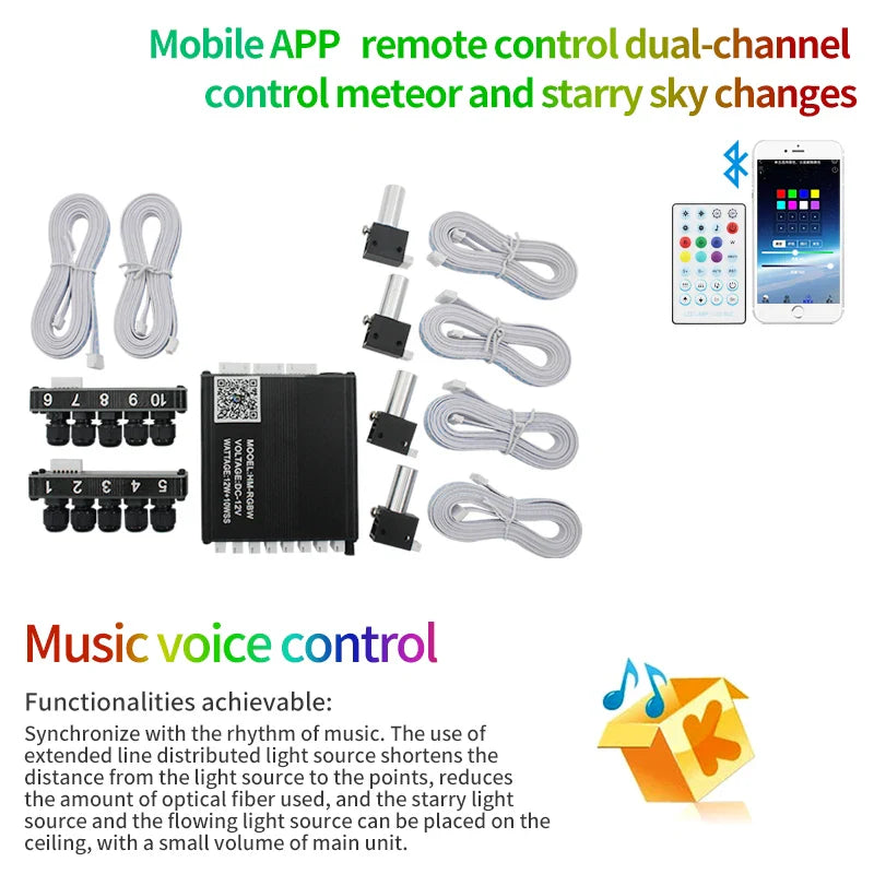 12V Car Starry Sky Ceiling Fiber Optic Modified Ceiling App Bluetooth Control Starry Sky Panoramic Sunroof Branch Light Source Machine White Light Starry Sky Lamp