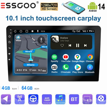 ESSGOO 10.1 Inch touchscreen 2 DIN Car stereo radio Android 14 Wireless Carplay Android auto GPS Navigation WiFi FM RDS SWC USB