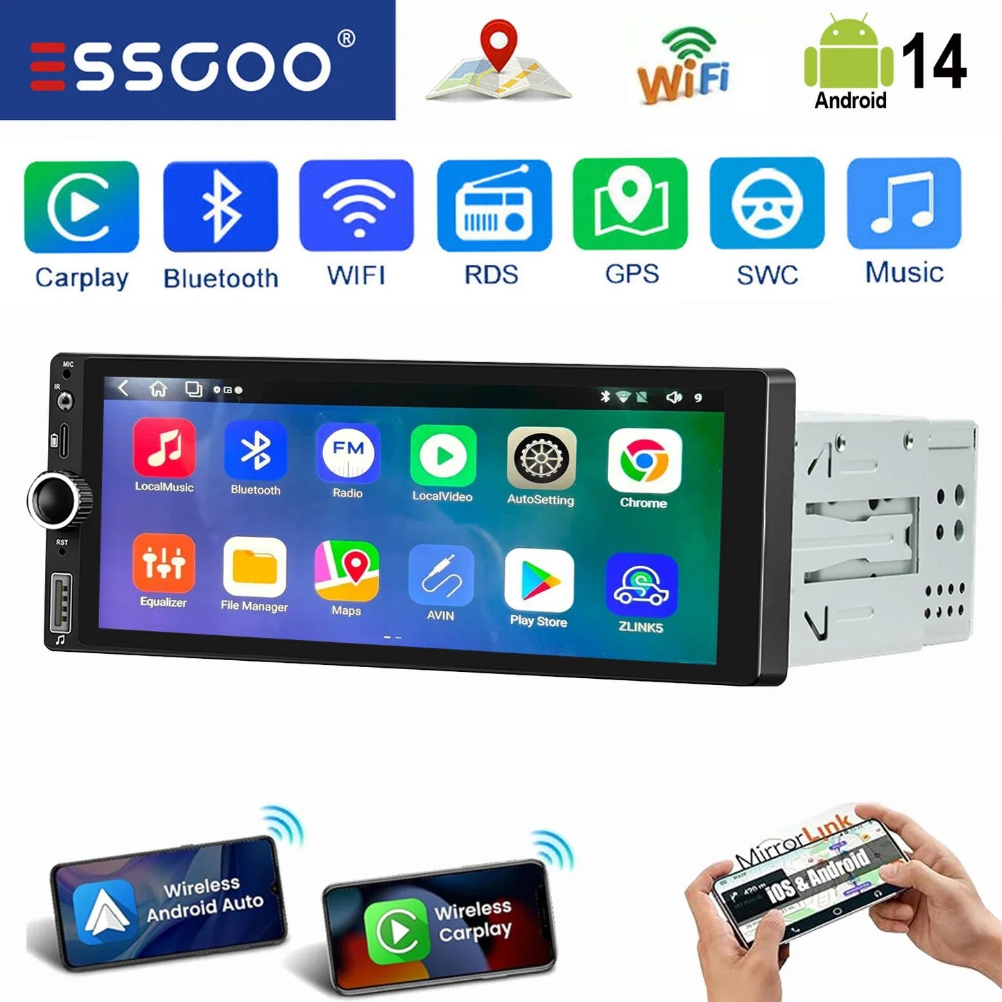 ESSGOO 6.86" Android 14 4+64G Universal Single DIN Car Stereo Radio CarPlay Android Auto BT USB SWC Wifi FM GPS Navi Mirror link