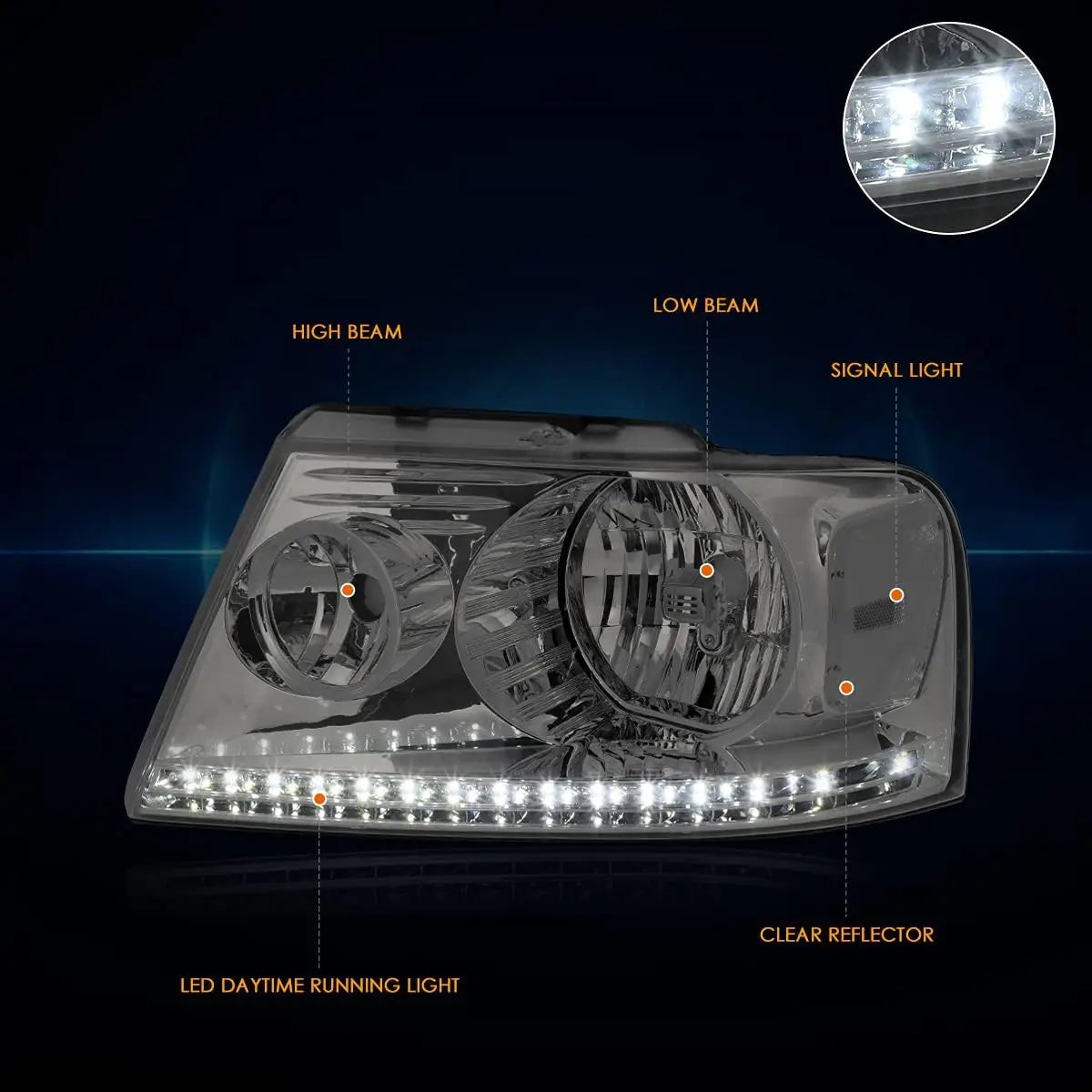 Headlights Assembly Compatible with 2004-2008 Ford F150 / 2006-2008 Lincoln Mark LT, Pair of Headlamps with LED DRL Strip, Smoke