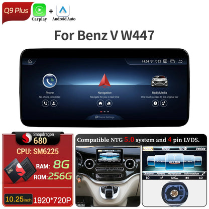 Car Radio For Mercedes Benz V Class W447 V250 V260 V350 Android 14 4G Wireless BT Carplay Snapdragon 680 Head Unit Touch Screen