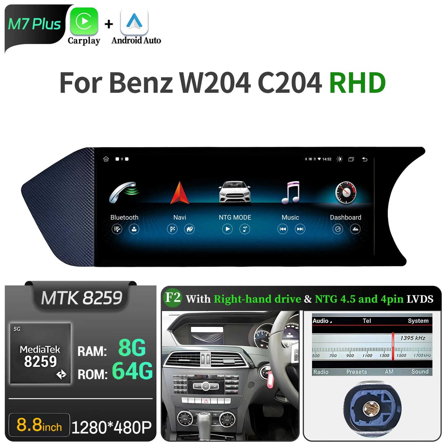 8.8 inch Android 14 For Mercedes Benz C Class W204 S204 2011-2015 Car Radio BT Carplay Qualcomm Snapdragon 680 Head Unit Screen