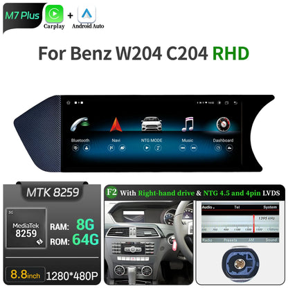 8.8 inch Android 14 For Mercedes Benz C Class W204 S204 2011-2015 Car Radio BT Carplay Qualcomm Snapdragon 680 Head Unit Screen