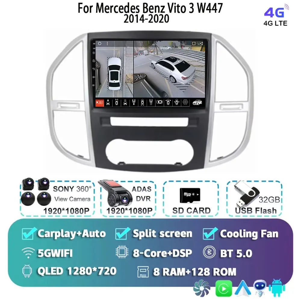 Android 14 For Mercedes Benz Vito 3 W447 2014-2020 2K QLED Android Car Radio Multimedia Video Player 4G Stereo CarPlay Head Unit