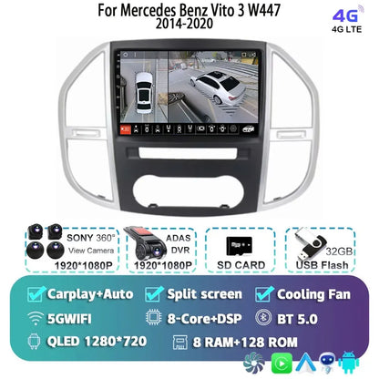 Android 14 For Mercedes Benz Vito 3 W447 2014-2020 2K QLED Android Car Radio Multimedia Video Player 4G Stereo CarPlay Head Unit