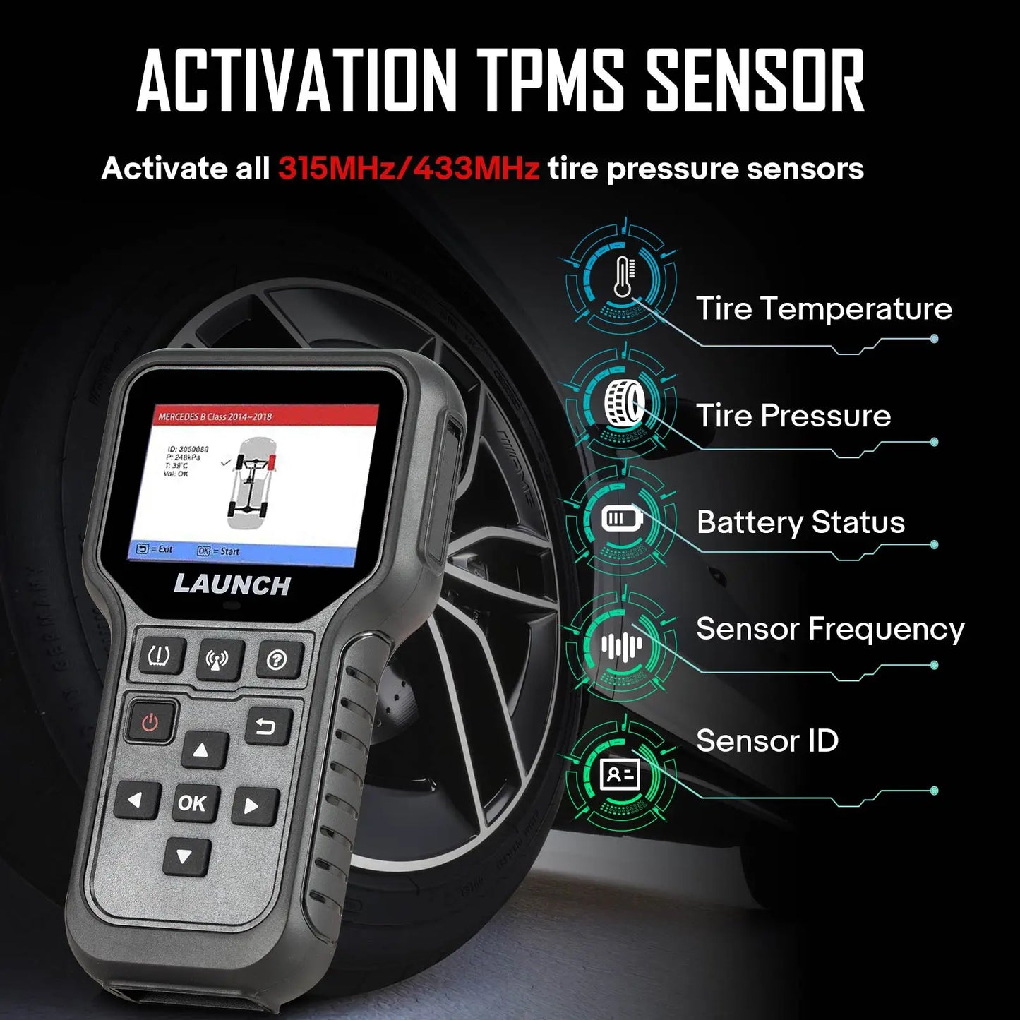 Launch CRT5011E TPMS Relearn Tool TPMS Sensor (315+433MHz) Support Read/ Activate/ Programming/ Relearn/ Reset/ Key Fob Test