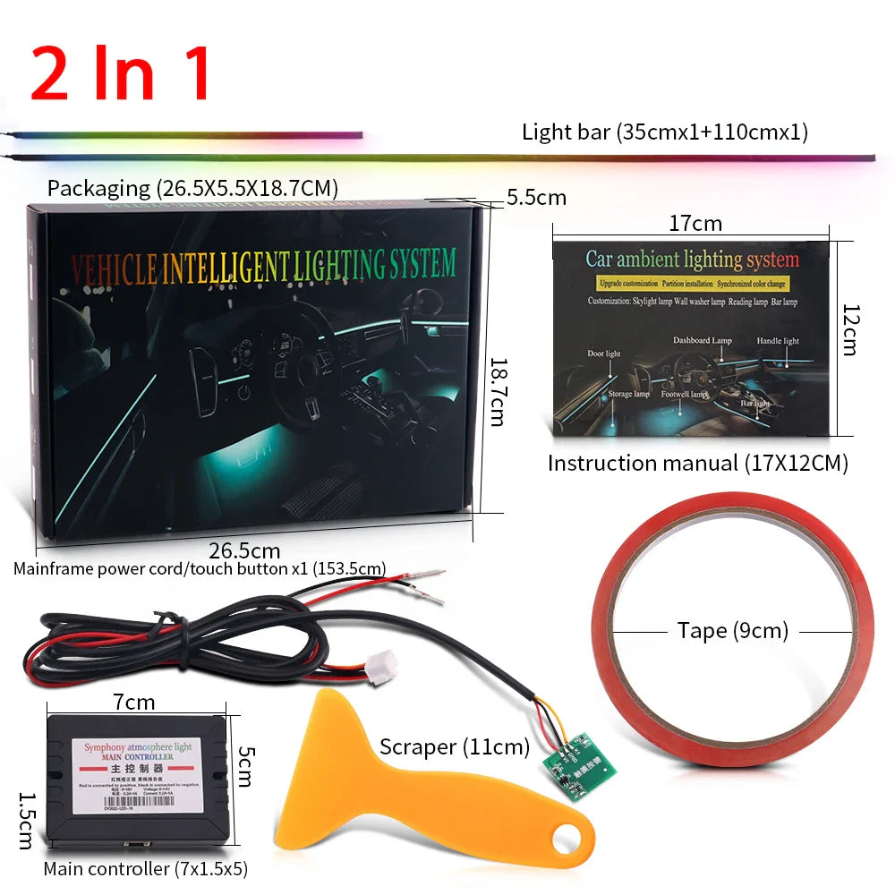 18 22 in 1 Car LED Ambient Light Symphony Rainbow Streamer Interior Acrylic Strip RGB 64 Color Neon Atmosphere Light App Control