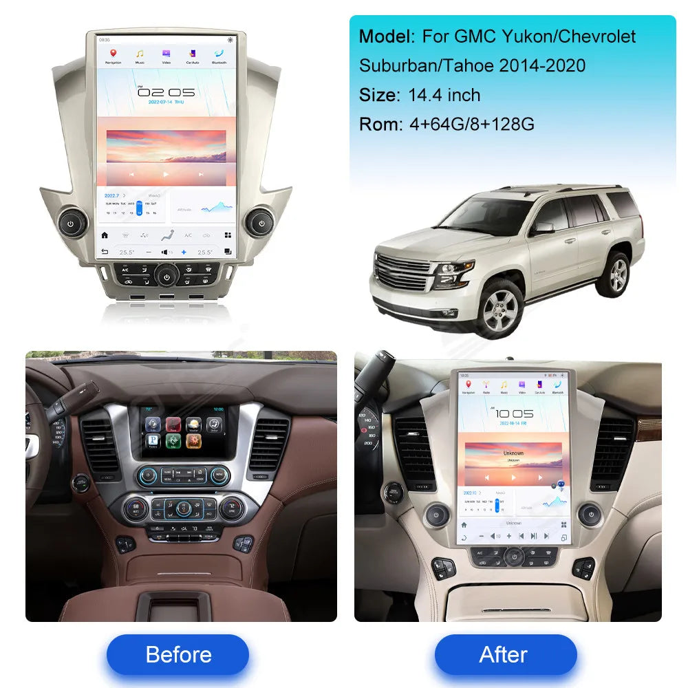 14.4" CarPlay Tesla Screen Android 13 Car Radio GPS For GMC Yukon Chevrolet Tahoe Suburban 2014-2021 Multimedia Player Head Unit