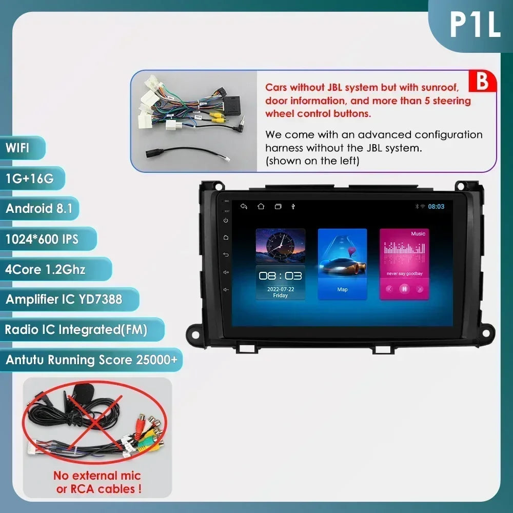Hizpo For Toyota Sienna XL30 2010-2014 Car Radio Multimedia Video Player Navigation Stereo GPS Android Auto Carplay 8G+128GB RDS