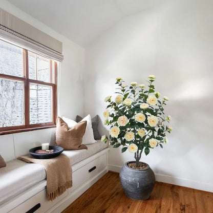 Artificial Camellia Fake Tree, Artificial Plants & Flowers with 32 Yellow Pink Flowers