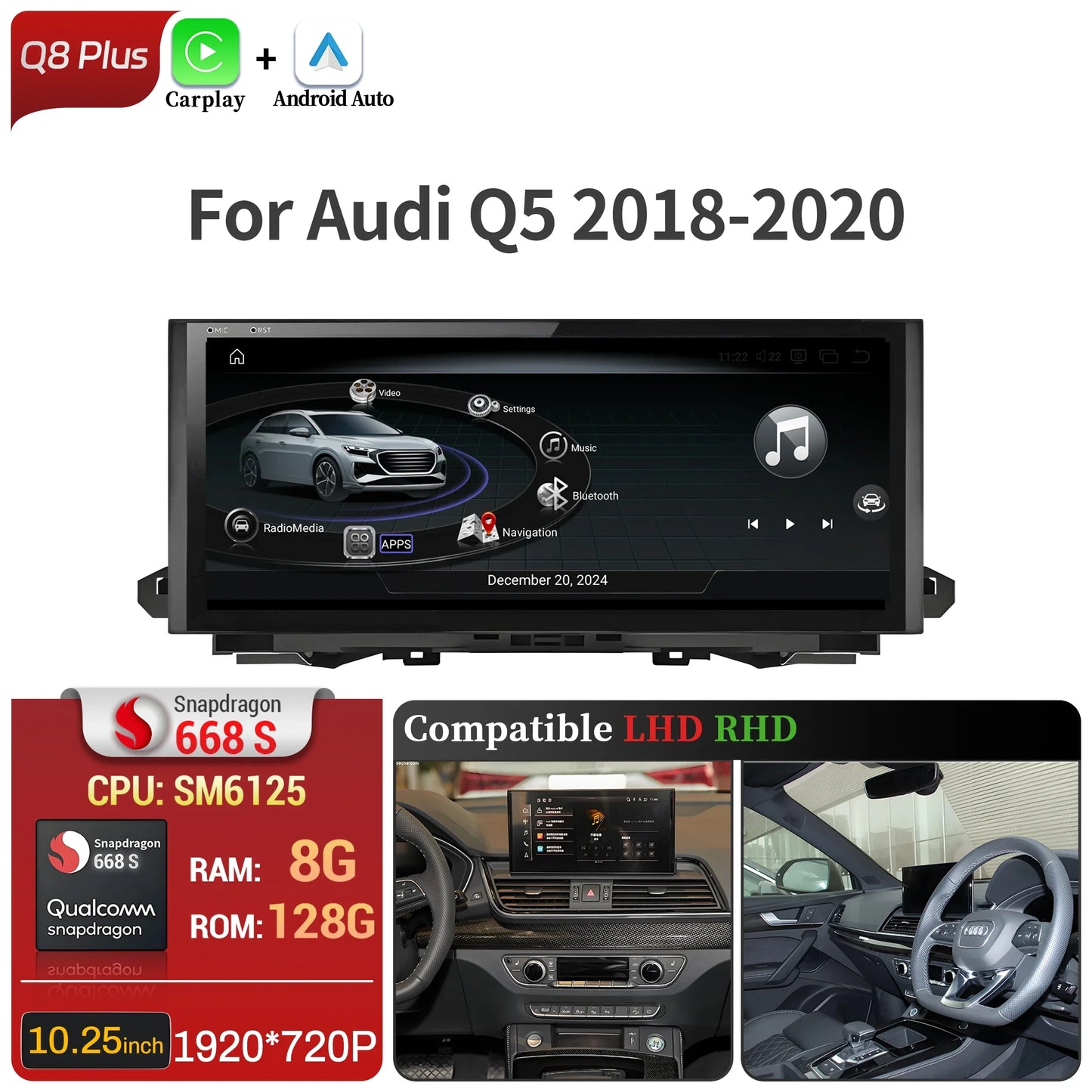 10.25 inch Android 14 For Audi Q5 2018-2020 Car Radio Wireless Bluetooth Carplay Qualcomm Snapdragon 680 Touch Head Unit Screen