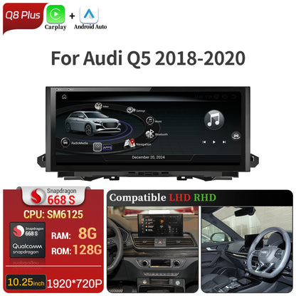 10.25 inch Android 14 For Audi Q5 2018-2020 Car Radio Wireless Bluetooth Carplay Qualcomm Snapdragon 680 Touch Head Unit Screen