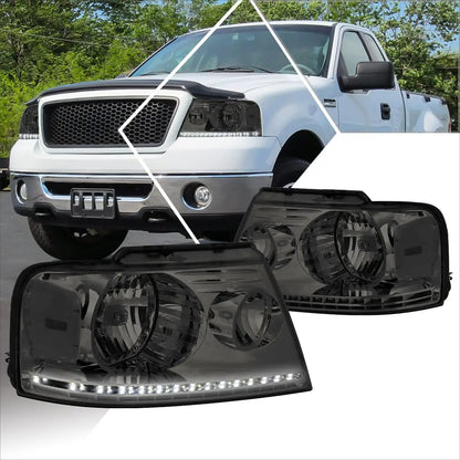 Headlights Assembly Compatible with 2004-2008 Ford F150 / 2006-2008 Lincoln Mark LT, Pair of Headlamps with LED DRL Strip, Smoke