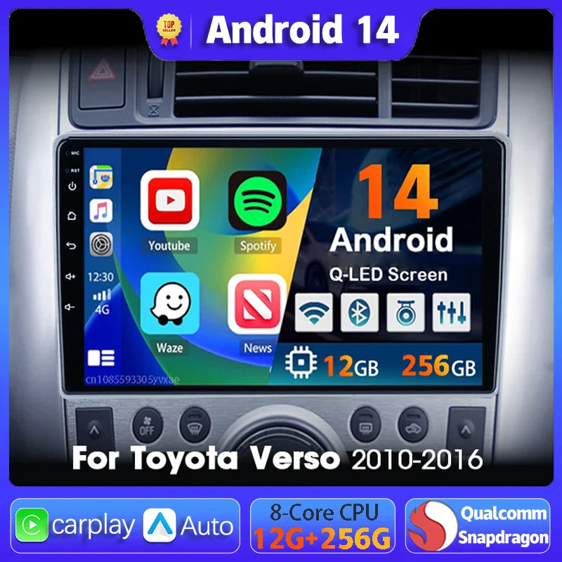 Android 14 Car radio Navigation Multimedia Player For Toyota Verso 2010 2011 2012 2013 2014 2015 2016 Carplay Auto Stereo video