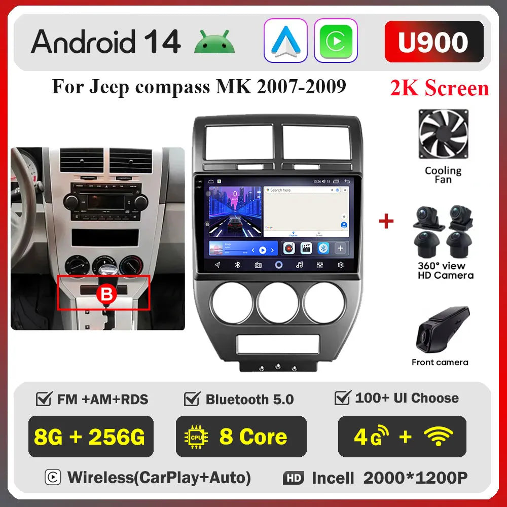 Android 14 Car For Dodge Caliber 2007-2010 For Jeep compass MK 2007-2009 stereo Radio Wireless Carplay Android Auto Radio Stereo