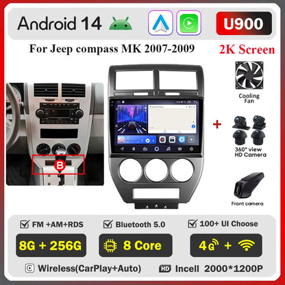 Android 14 Car For Dodge Caliber 2007-2010 For Jeep compass MK 2007-2009 stereo Radio Wireless Carplay Android Auto Radio Stereo