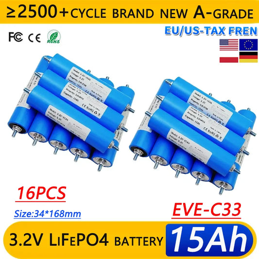 16pcs EVE C33 3.2V 15Ah LiFePO4 Battery  Lithium Phosphate Cell for 12V 24V Motorcycle Car motor Modification Inverter batteries