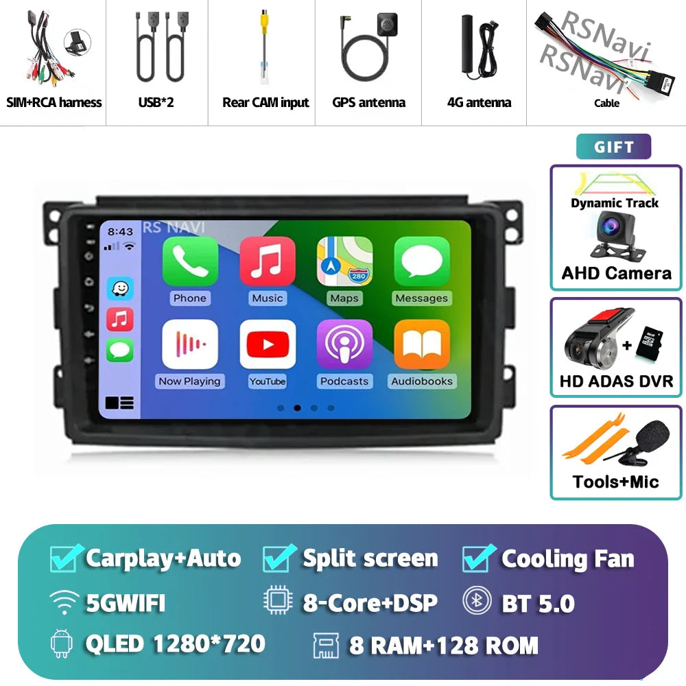 Android 14 Carplay Car Radio Multimedia For Mercedes-Benz Smart Fortwo 451 2005 - 2010 Head Unit GPS Navigation Video DVD Stereo