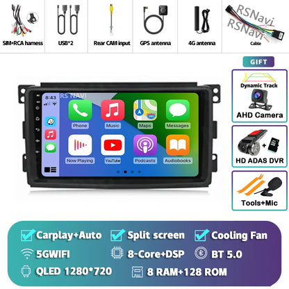Android 14 Carplay Car Radio Multimedia For Mercedes-Benz Smart Fortwo 451 2005 - 2010 Head Unit GPS Navigation Video DVD Stereo