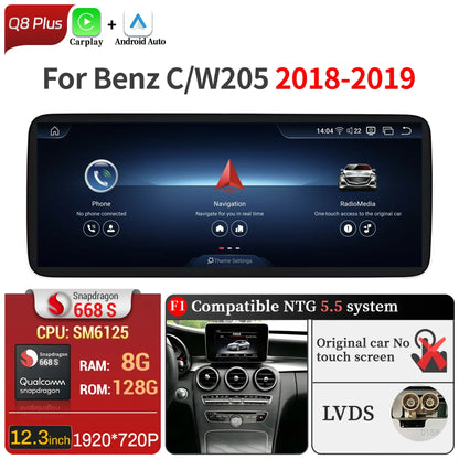 For Mercedes Benz C-Class W205 S205 2018-2020 12.3inch Car Radio Android 14 Wireless Carplay Snapdragon 680 SM6225 Touch Screen