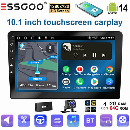 ESSGOO 10.1 Inch touchscreen 2 DIN Car stereo radio Android 14 Wireless Carplay Android auto GPS Navigation WiFi FM RDS SWC USB