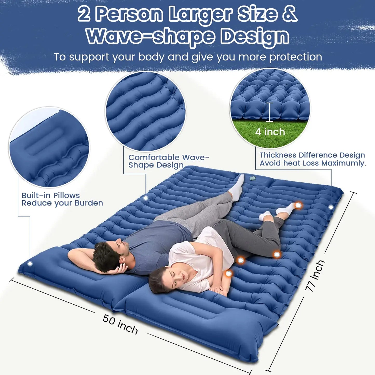 Camping Double Sleeping Mat with Pillow Inflatable Sleeping Mat, Suitable for Backpacking, Hiking, Tenting