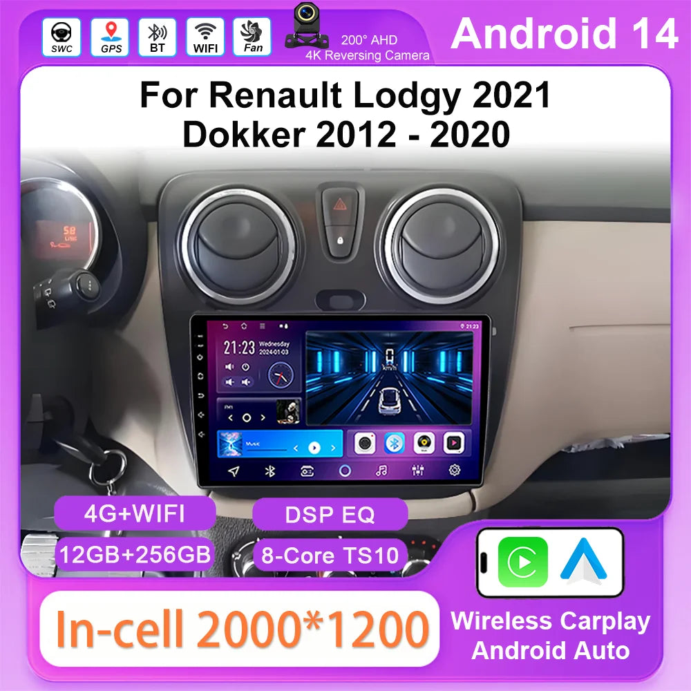 4G Carplay Android Auto Radio For Renault Lodgy 2021 Dokker 2012 - 2020 Auto Multimidia Player QLED Screen 2din Stereo Head Unit