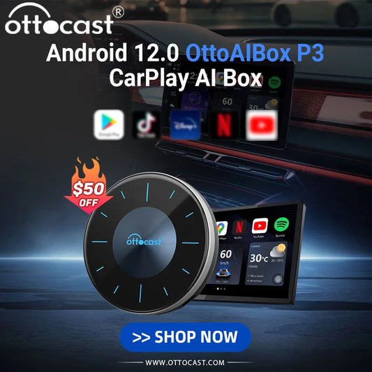 OTTOCAST P3 Android 12 AI Box Wireless Android Auto Smart TV Box Car Accessories for Toyota Honda Cars with OEM Wired CarPlay