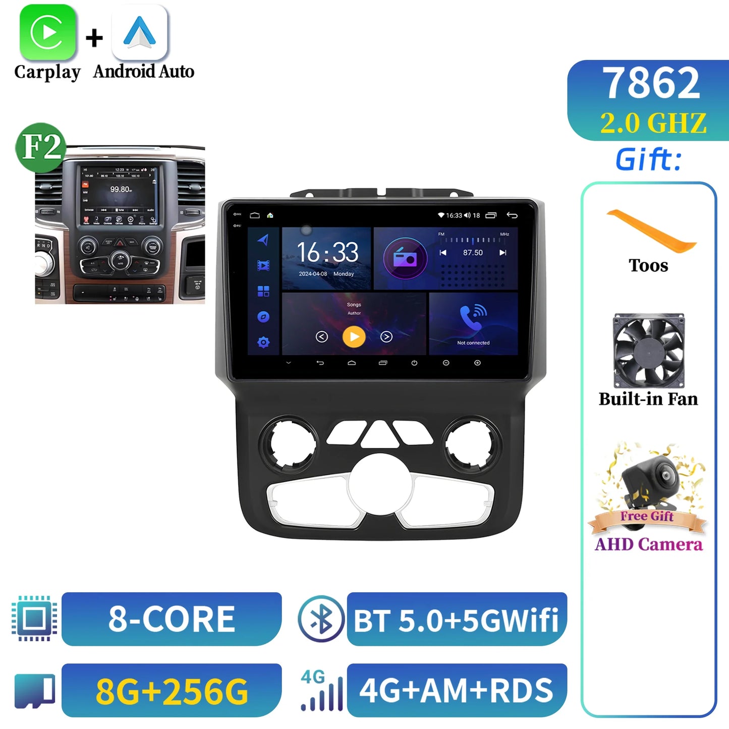 For Dodge RAM 1500 2500 2013-2019 Android 14 Multimedia Navigation Stereo Car Radio Wireless Carplay 2K QLED Head Unit Screen
