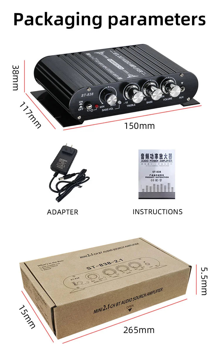 Mini car Amplificador Audio With  Bluetooth5.0  2.1 Channel Supports Input from Mainstream Devices such as DVD, TV, Computer