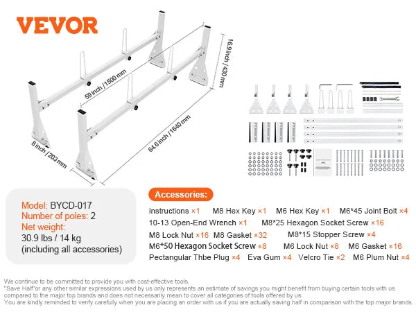 VEVOR Trailer Ladder Rack Adjustable Roof Rack 2/3 Crossbars Van Roof Ladder Rack Fit for Chevrolet 1500 / Ford E150 /GMC Savana