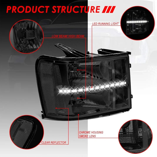 LED DRL Headlights Assembly Compatible with GMC Sierra Driver and Passenger Side, Smoked Lens Clear Corner