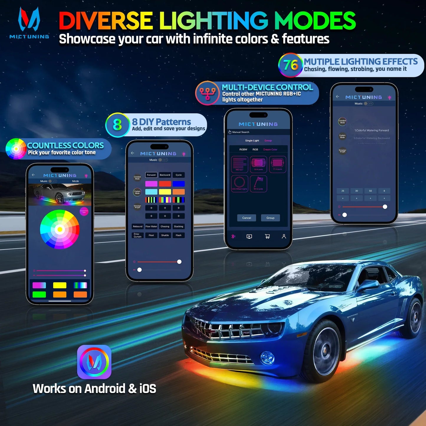 MICTUNING RGB+IC LED N8 Car Underglow Light Bar Kit Waterproof Wireless App & Remote Control For Cars Mercedes-Benz Rolls Royce